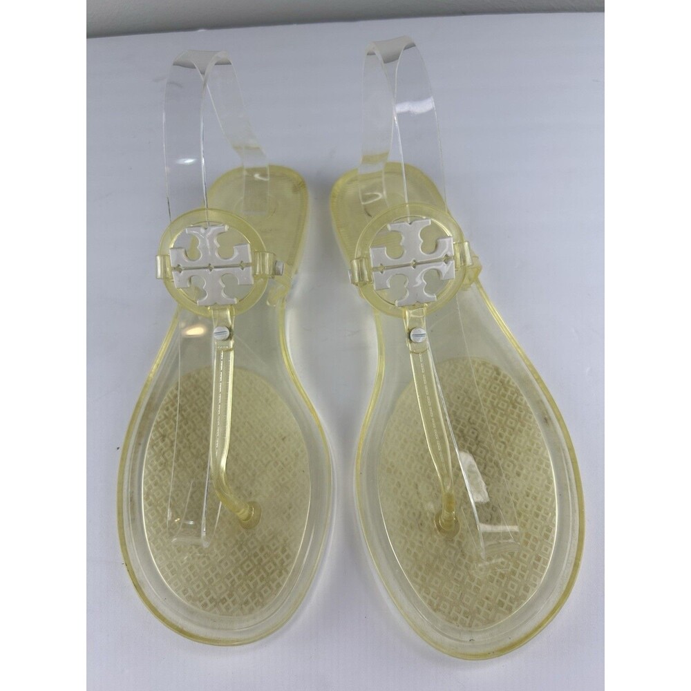 Tory Burch Mini Miller Women 10 Jelly Thong Flat Clear Rubber White Logo Sandal.